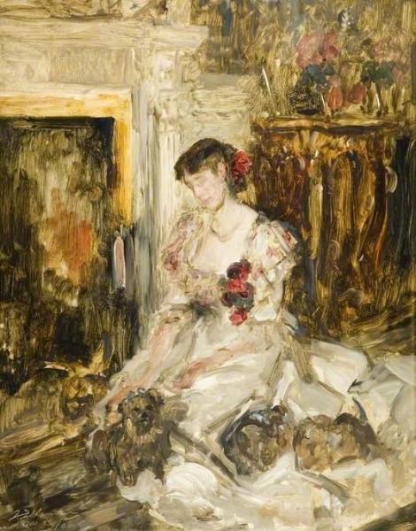 Lady Barber Seated With Yorkshire Terriers In The Music Room At Culham Court by Sir James Jebusa Shannon