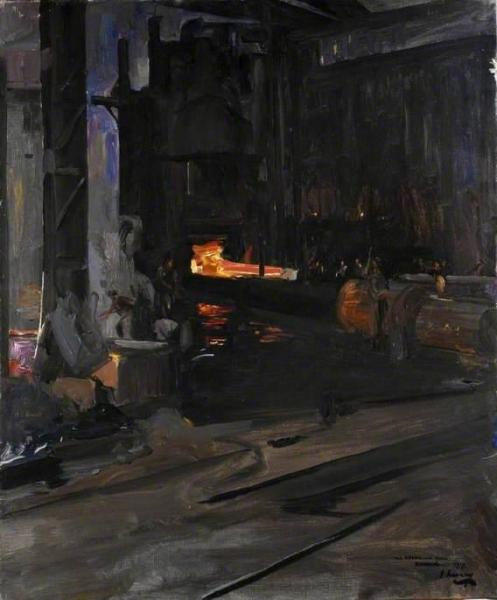 A Naval Gun In The Hydraulic Press: Elswick Works, Newcastle Upon Tyne by Sir John Lavery