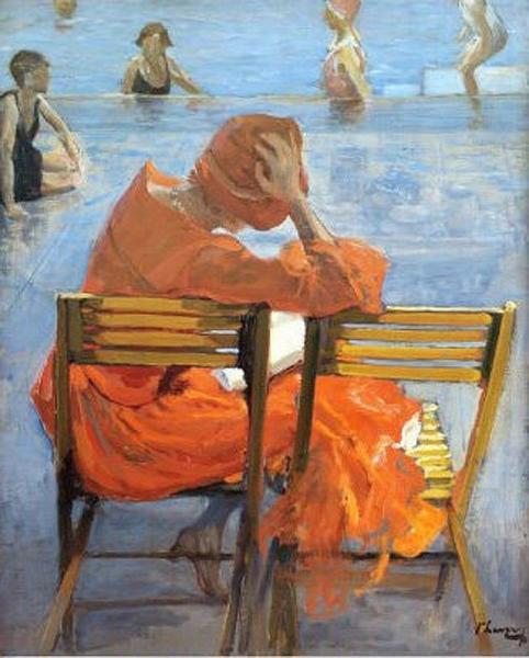 Girl In Red Dress By A Swimming Pool by Sir John Lavery