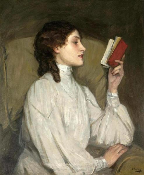 Miss Auras. The Red Book by Sir John Lavery