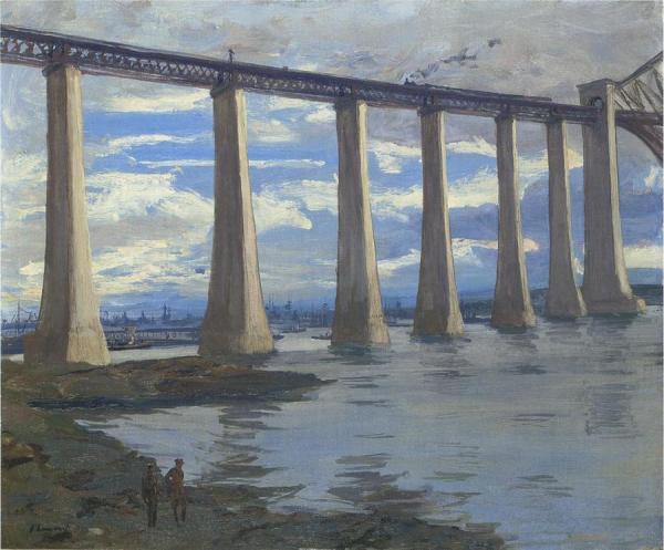 The Piers Forth Bridge, Kite Balloon And Grand Fleet In Distance by Sir John Lavery