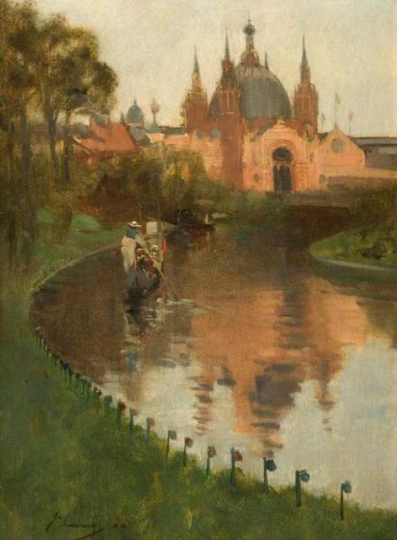 View From The Canal Of The Industrial Hall, Kelvingrove, At The First International Exhibition by Sir John Lavery