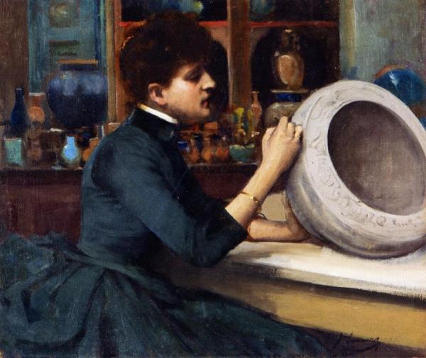Woman Painting A Pot At The Glasgow International Exhibition by Sir John Lavery