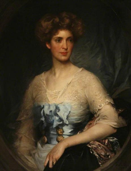 Sir William Llewellyn Lady Edith Villiers, Wearing A Blue Satin Gown