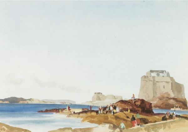 Figures On The Shore At St. Malo, Brittany by Sir William Russell Flint