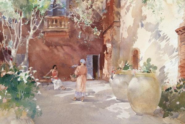 Petit Dejeuner, The Terrace Of The Hotel Sullie, St. Tropez by Sir William Russell Flint