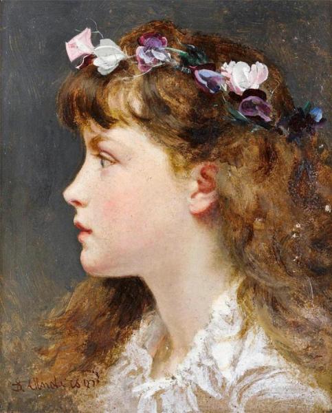 A Young Girl With A Garland Of Flowers In Her Hair by Sophie Anderson