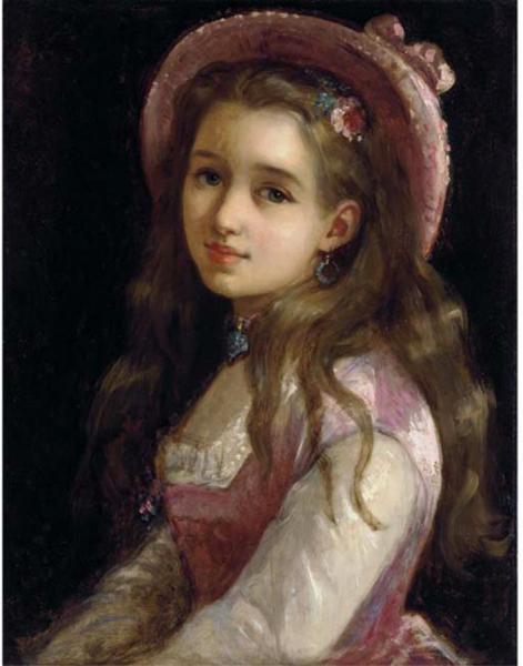 Sophie Anderson Portrait Of A Young Girl In Pink Dress And Hat