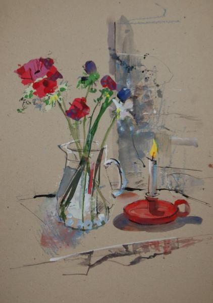 Cut Flowers And Candle by Stan Smith