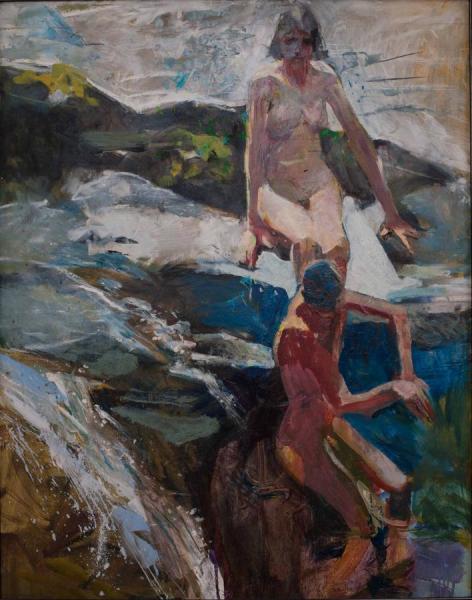 Waterfall With Two Figures by Stan Smith