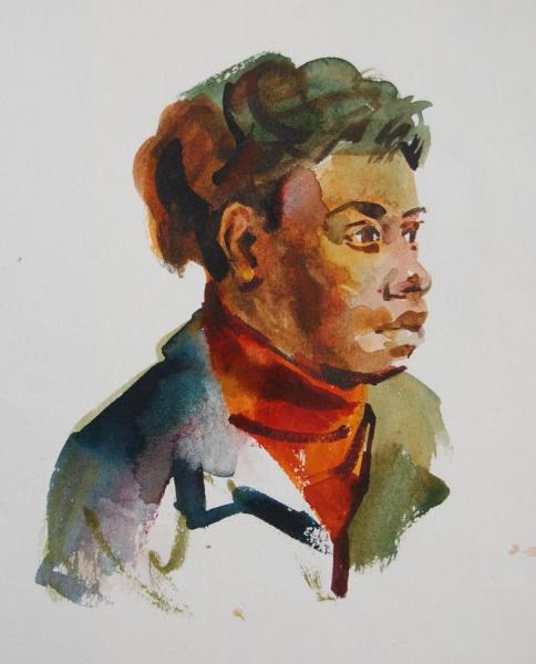 Woman With Red Turtleneck by Stan Smith