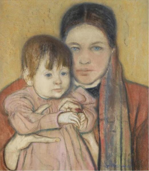 The Artist's Wife And Daughter by Stanislaw Wyspianski Oil Painting Reproductions