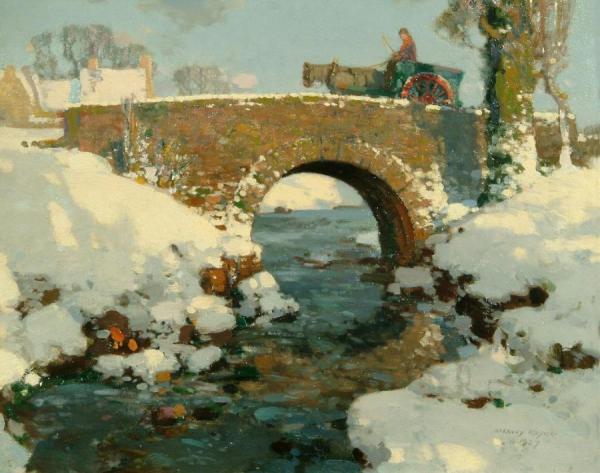 A River Landscape In The Snow, A Figure, Horse And Cart Crossing A Bridge by Stanley Royle