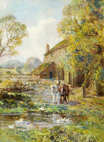 Farmyard Scene,with A Figure,shire Horses,chickens And Ducks by Stanley Royle