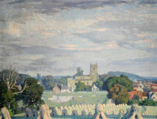 Landscape With A Church And Corn Stooks by Stanley Royle
