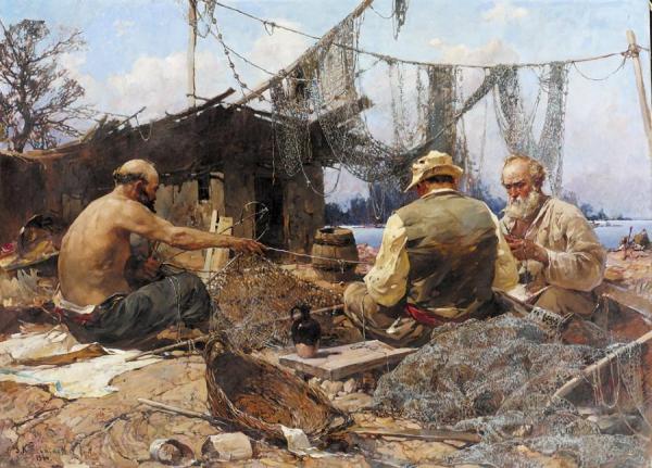 Fishermen Repairing Nets by Stepan Kolesnikov