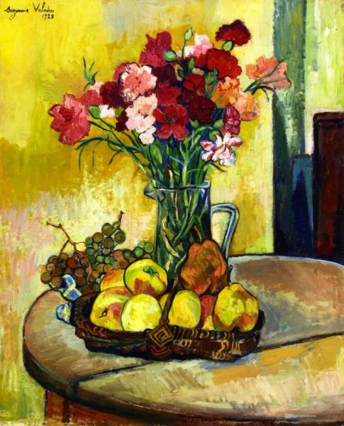 Still Life With Basket Of Apples, Vase Of Flowers And Grapes by Suzanne Valadon