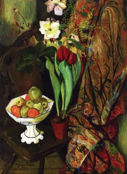 Still Life With Tulips And Fruit Bowl by Suzanne Valadon