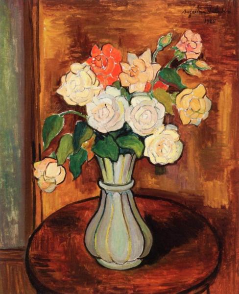 Suzanne Valadon Vase Of Roses On A Pedestal Table