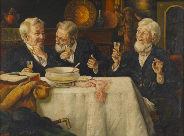 Three Men Dining by Talbot Hughes