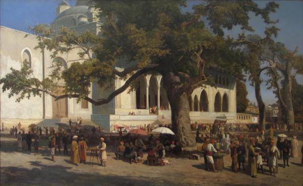 A Busy Market In The Courtyard Of The New Mosque by Themistocles Von Eckenbrecher