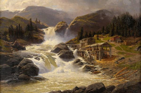 Themistocles Von Eckenbrecher Norwegian Waterfall With Sawmill