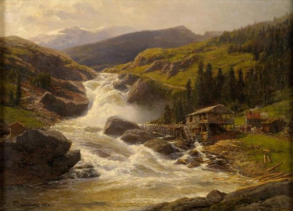 Themistocles Von Eckenbrecher Norwegian Waterfall With Sawmill