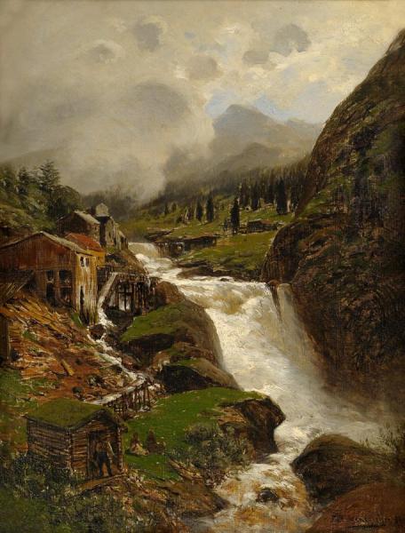 Themistocles Von Eckenbrecher Sawmill By A Waterfall