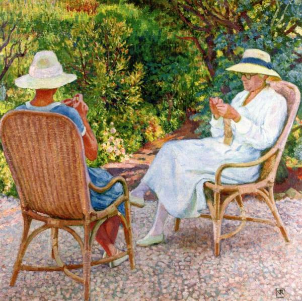 Maria And Elizabeth Van Rysselberghe Knitting In The Garden by Theo Van Rysselberghe