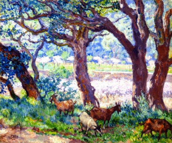 Peach Trees In Blossom, Cork Oaks And Goats by Theo Van Rysselberghe