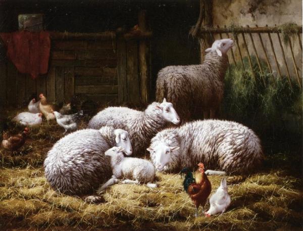 Sheep, Roosters And Chickens In A Barn by Theo Van Sluys Oil Painting Reproductions