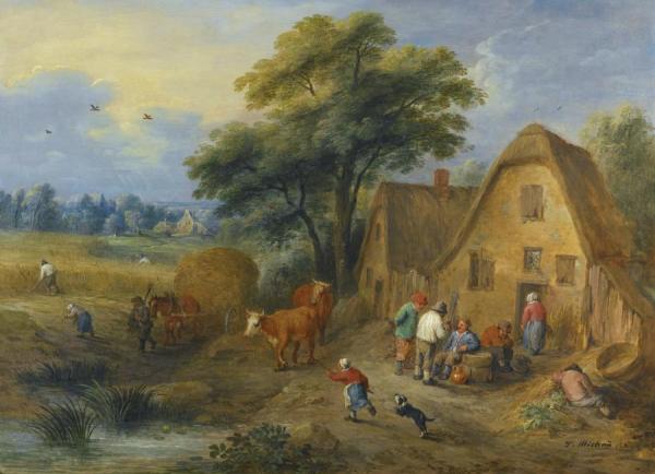 A Northern Landscape With Villagers Conversing And Harvesters Returning From The Fields,with A Farmer And A Dog Herding Two Cows by Théobald Michau