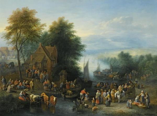 A River Landscape With Figures By A Ferry, Other Figures Seated On The Banks Of The River,with Their Cattle In The Water by Théobald Michau