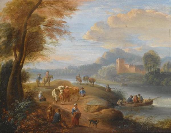 A River Landscape With Travellers,fishermen In A Boat Along The River,a Castle In The Distance by Théobald Michau Oil Painting Reproductions