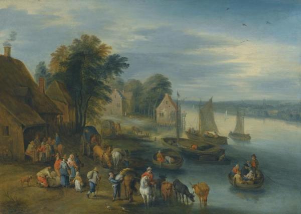 A River Landscape With Villagers Unloading Their Boats,a River Landscape With Villagers And Carts On A Path by Théobald Michau