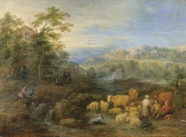 A Summer Landscape With Shepherds And Herdsmen Resting Their Sheep And Cattle By A Stream by Théobald Michau Oil Painting Reproductions
