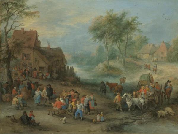 A Village Landscape With Figures Making Merry And Travellers Passing Through A Stream by Théobald Michau Oil Painting Reproductions