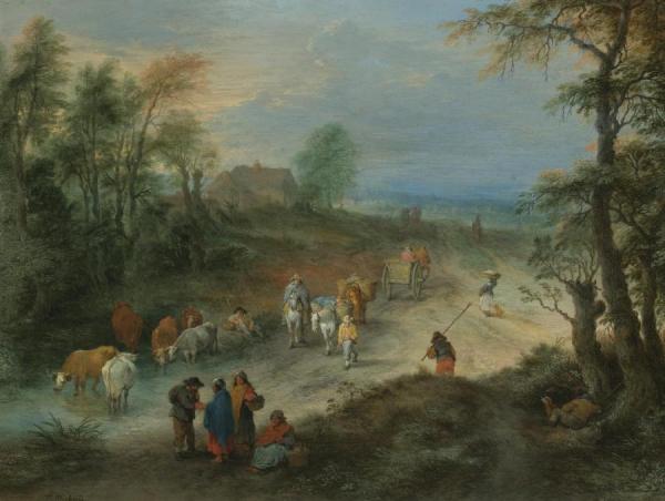 A Wooded Landscape With Travellers And A Herdsman Watering His Herd by Théobald Michau Oil Painting Reproductions