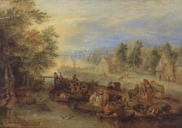 Fishermen Unloading Their Catch On A Riverbank Near A Village by Théobald Michau Oil Painting Reproductions