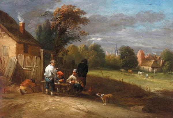 Follower Of Theobald Michau,a Landscape With Boors Smoking Outside A Cottage by Théobald Michau Oil Painting Reproductions