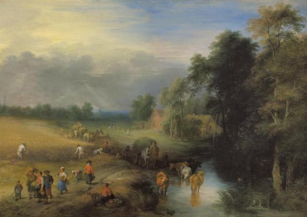 Landscape With Peasants Harvesting The Crop And A Herdsman Watering His Cows In A Passing Stream by Théobald Michau