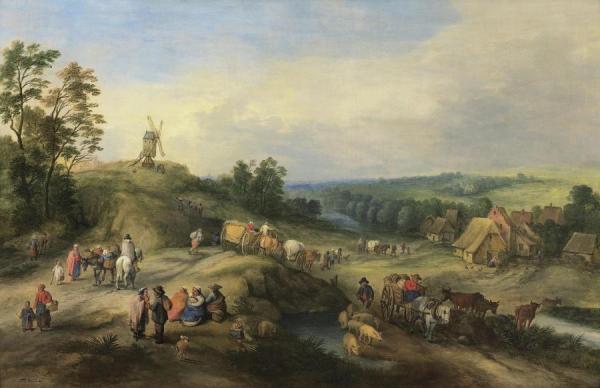 Landscape With Travellers And Waggons Approaching A Village by Théobald Michau