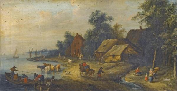 River Landscape With Villagers On The Bank by Théobald Michau