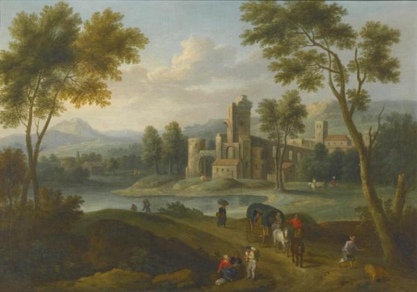 Travellers In A Cart,a Farmer With His Pigs,and Other Country Folk On A Road By A Castle Town by Théobald Michau