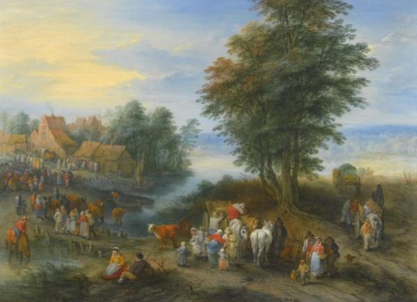 Travellers Unpacking Their Carts And Entering A Village by Théobald Michau Oil Painting Reproductions