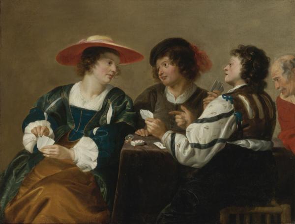 A Woman And Three Men Seated Around A Table Playing Cards by Theodoor Rombouts