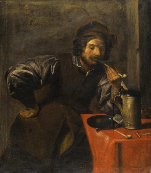 An Interior With A Man Seated At A Table Strewn With Objects, Smoking A Pipe by Theodoor Rombouts