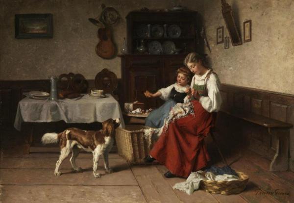 Two Young Girls With A Gog In An Interior by Theodore Gerard