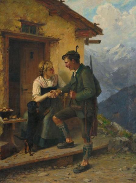 Hunter Visiting The Dairymaid by Theodore Kleehaas Oil Painting Reproductions