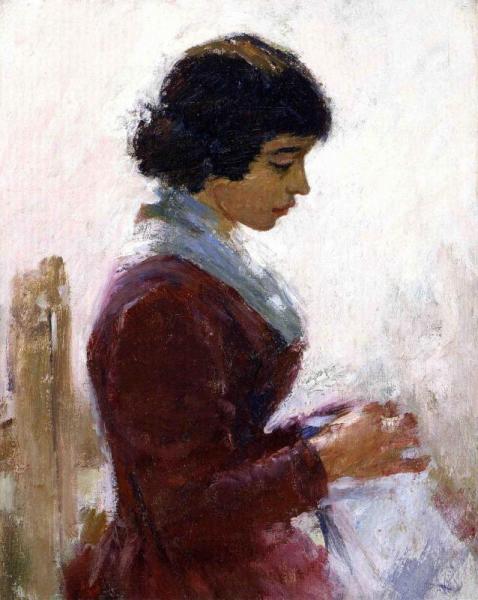 Girl In Red, Sewing by Theodore Robinson